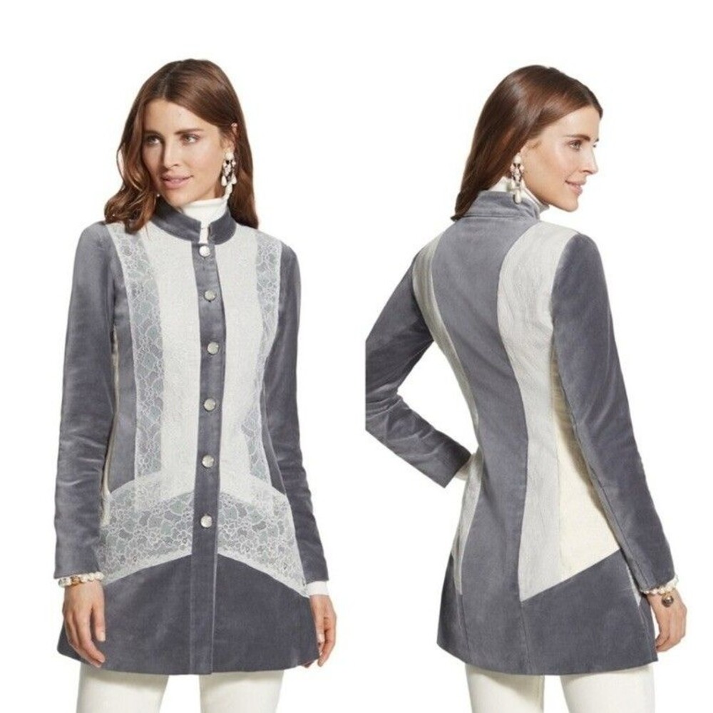 Chico’s Silver Treasure Artisan Duster Jacket XL Velvet Lace Victorian Goth 16